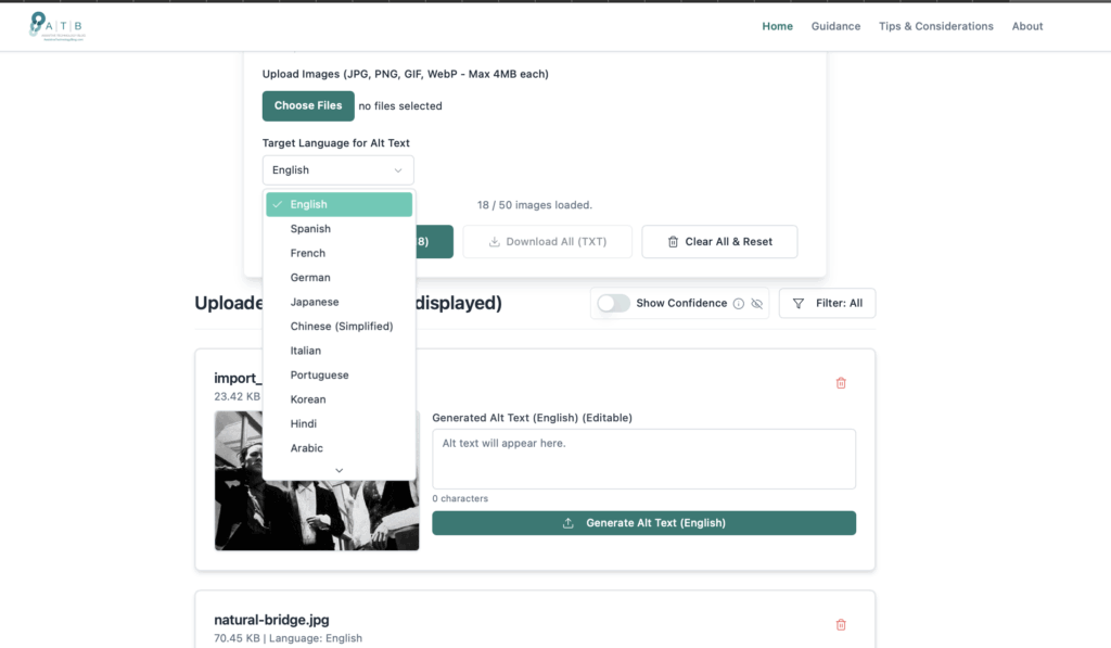 Our tool is designed for global inclusivity. Before generating, you can easily select your desired language for the alt text from the 'Target Language for Alt Text' dropdown menu. This screenshot shows the dropdown expanded, with English selected, and a list of other available languages including Spanish, French, German, Japanese, Chinese (Simplified), Italian, Portuguese, Korean, Hindi, and Arabic. 